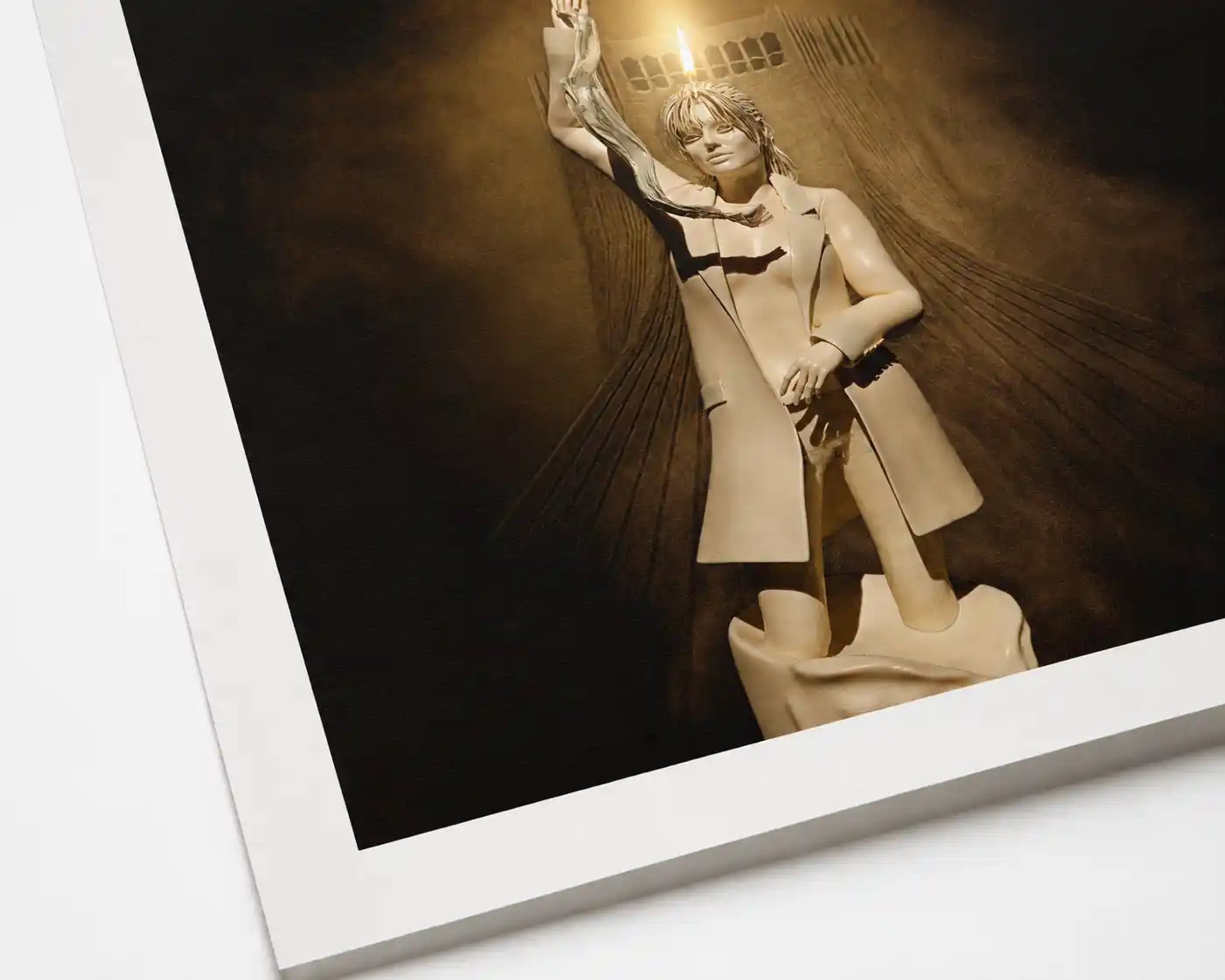 Digital artwork of a woman as a candle with a flame above her head, Woman Life Freedom text, and a tower silhouette behind.