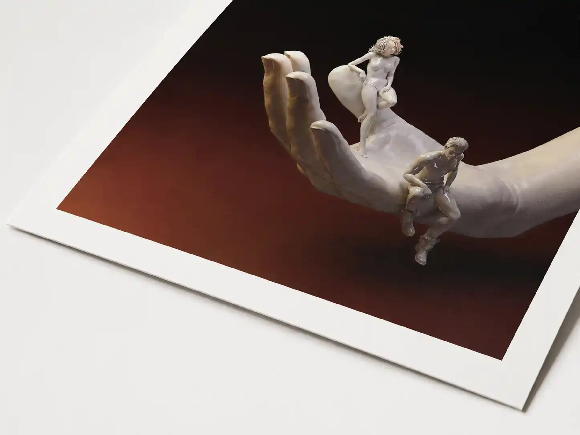 3D digital art of two small figures sitting in a large open hand against a dark red and black background.
