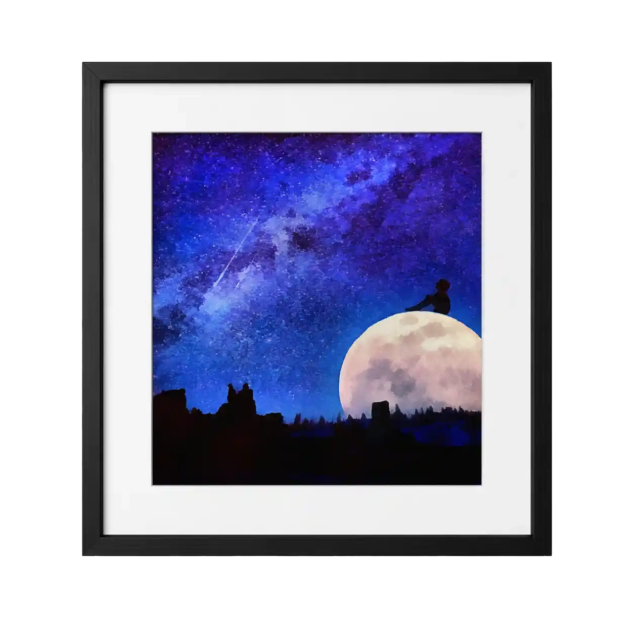 Silhouette of a person sitting on a huge glowing full moon under a textured purple and blue starry night sky with a shooting star.