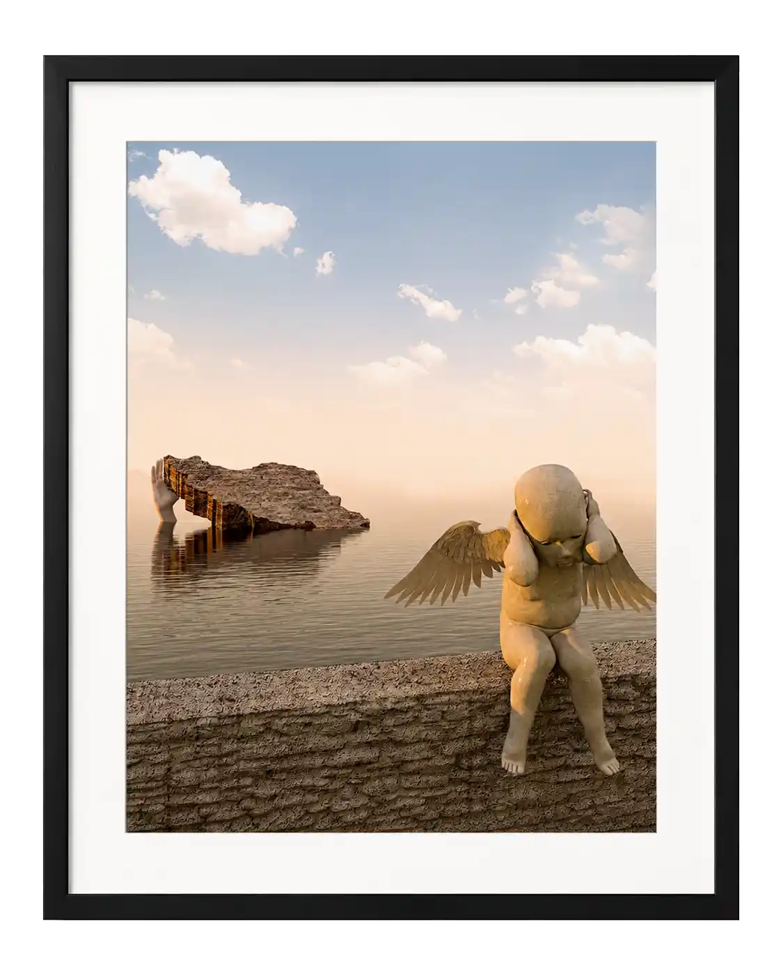 A winged child covers his ears by a still sea as a hand lifts a sinking land from the water, 3D digital art by Mehdi Rooz
