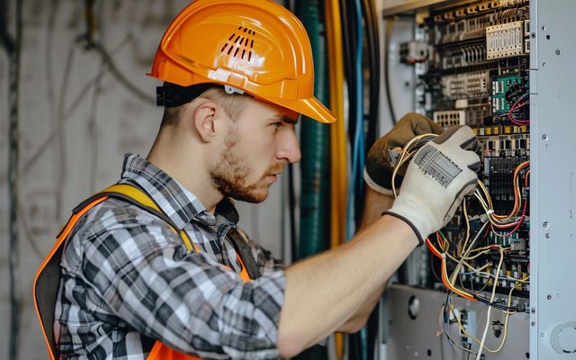 Avariielektrik töötab elektrikilbi kallal öösel
