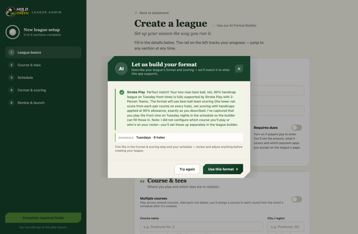 The league builder with the AI Format Builder dialog open, matching a plain-English description to Stroke Play with two-man best ball, net scoring and 90% handicaps