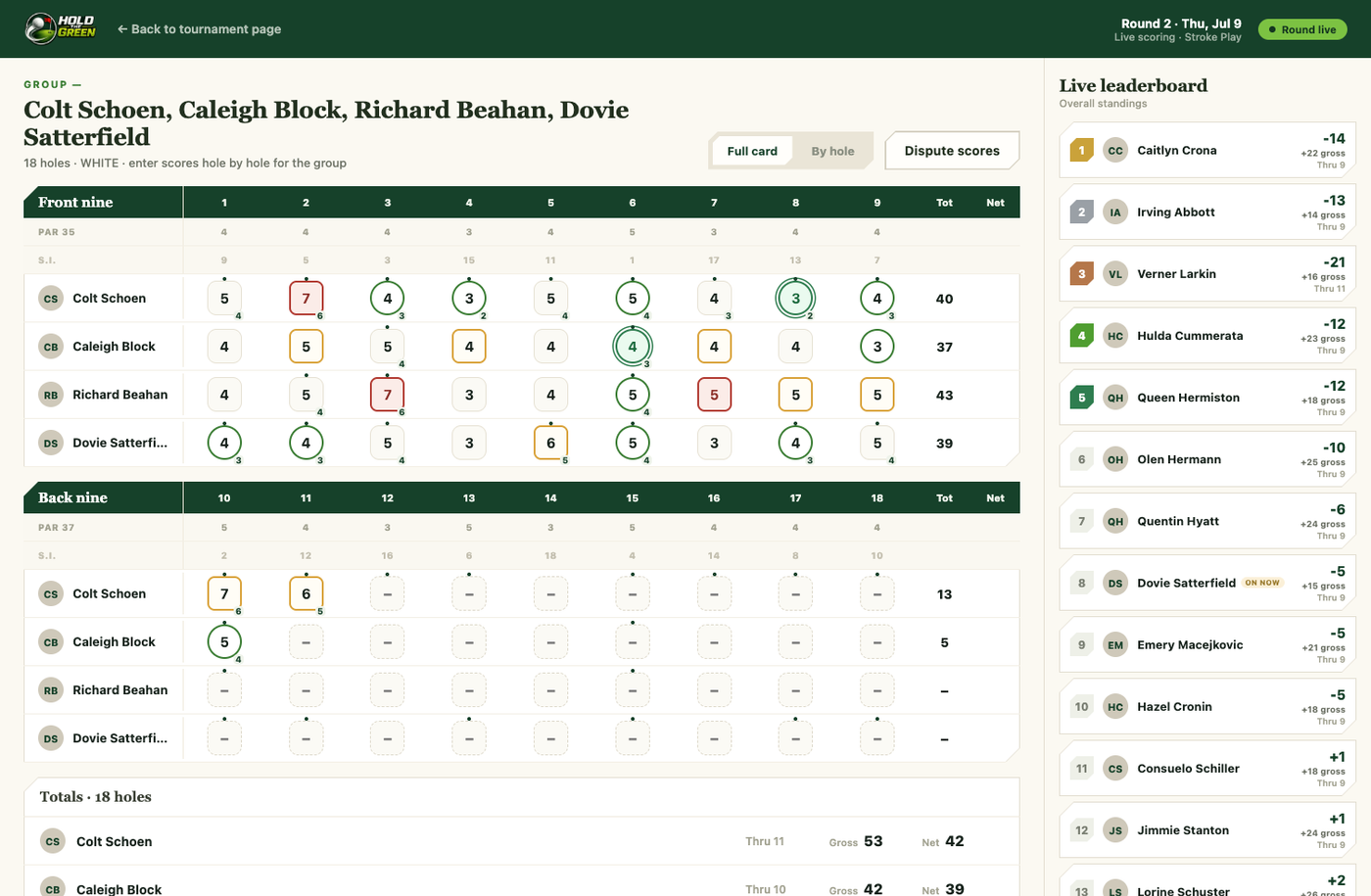 Live round scorecard and leaderboard updating in real time
