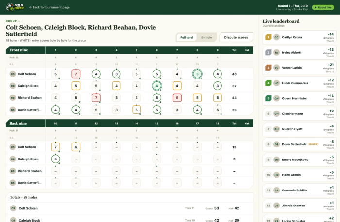 Live round scorecard and leaderboard updating in real time during a stroke play round