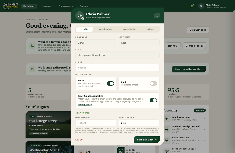 Your Hold the Green account — profile, subscription and billing in one place