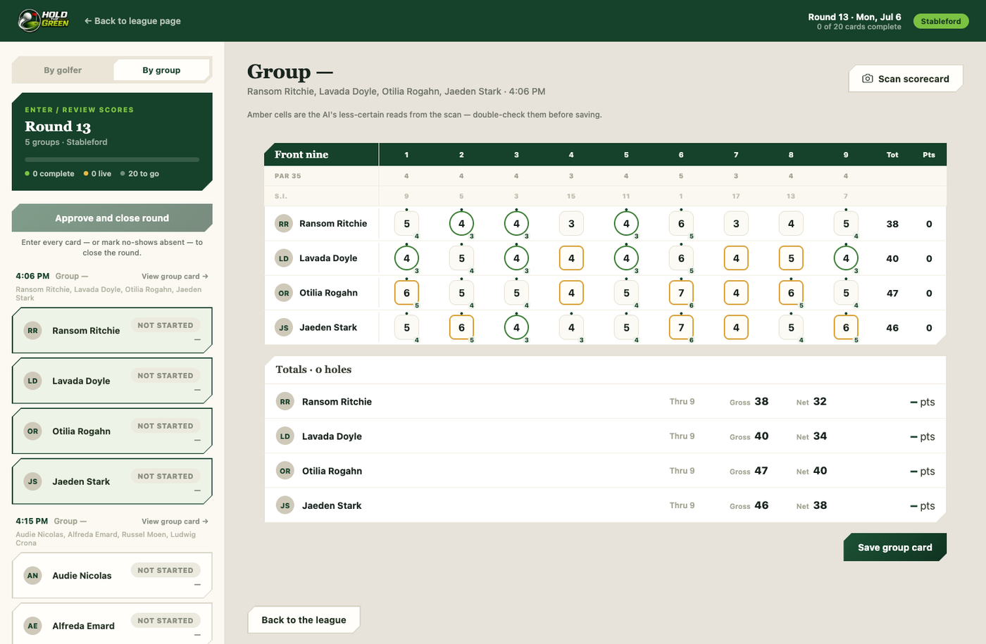 A scanned card drafted into the group view: every hole filled in for four players, with the AI’s less-certain reads outlined in amber and a Save group card button