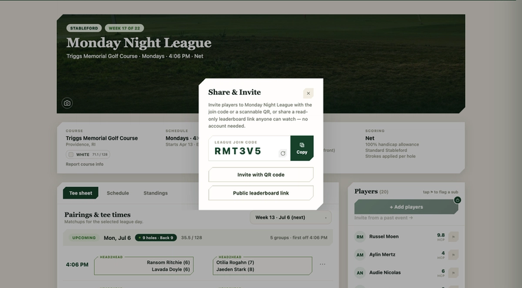The share and invite dialog for an event, with a branded QR code golfers can scan to join