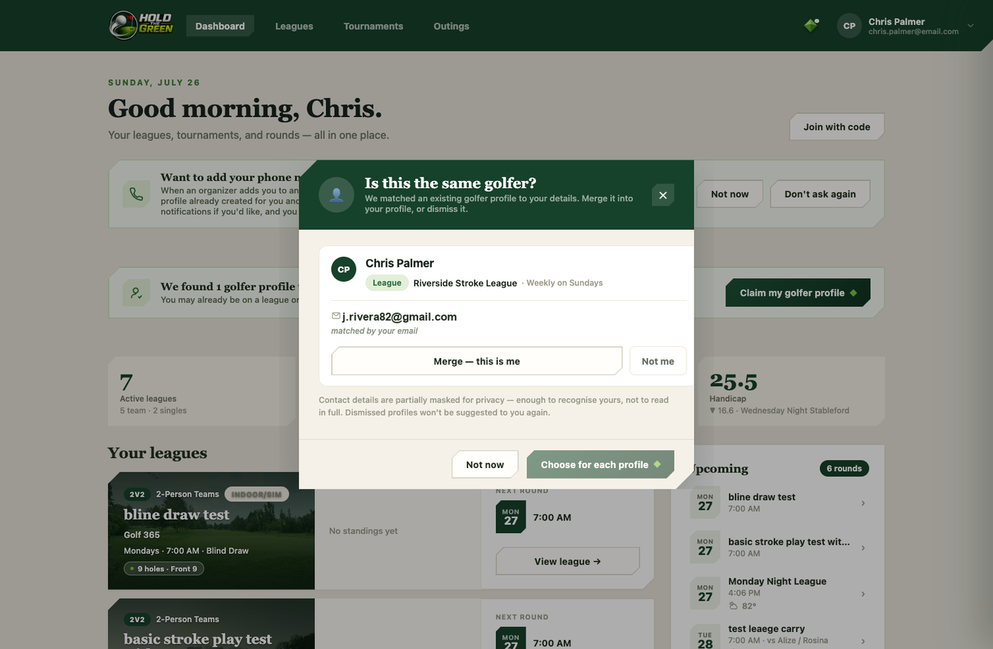 Golfer profile claim dialog showing a matched profile with Merge and Not me options