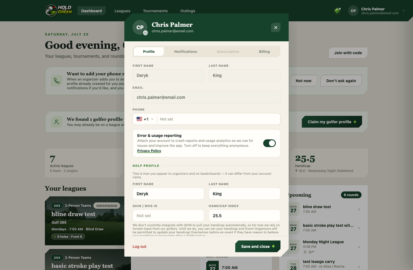 Account dialog Profile tab showing name, email, phone, and golf profile fields