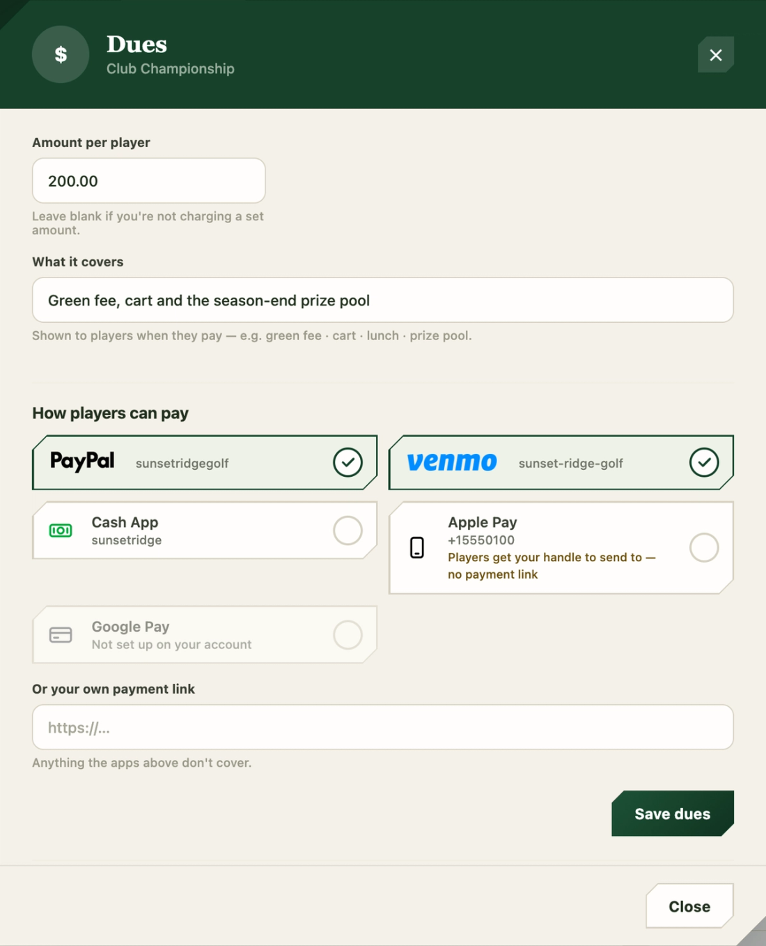 The dues dialog for an event: amount per player, what it covers, and which payment apps the organizer accepts — PayPal and Venmo selected, with Cash App, Apple Pay and Google Pay alongside