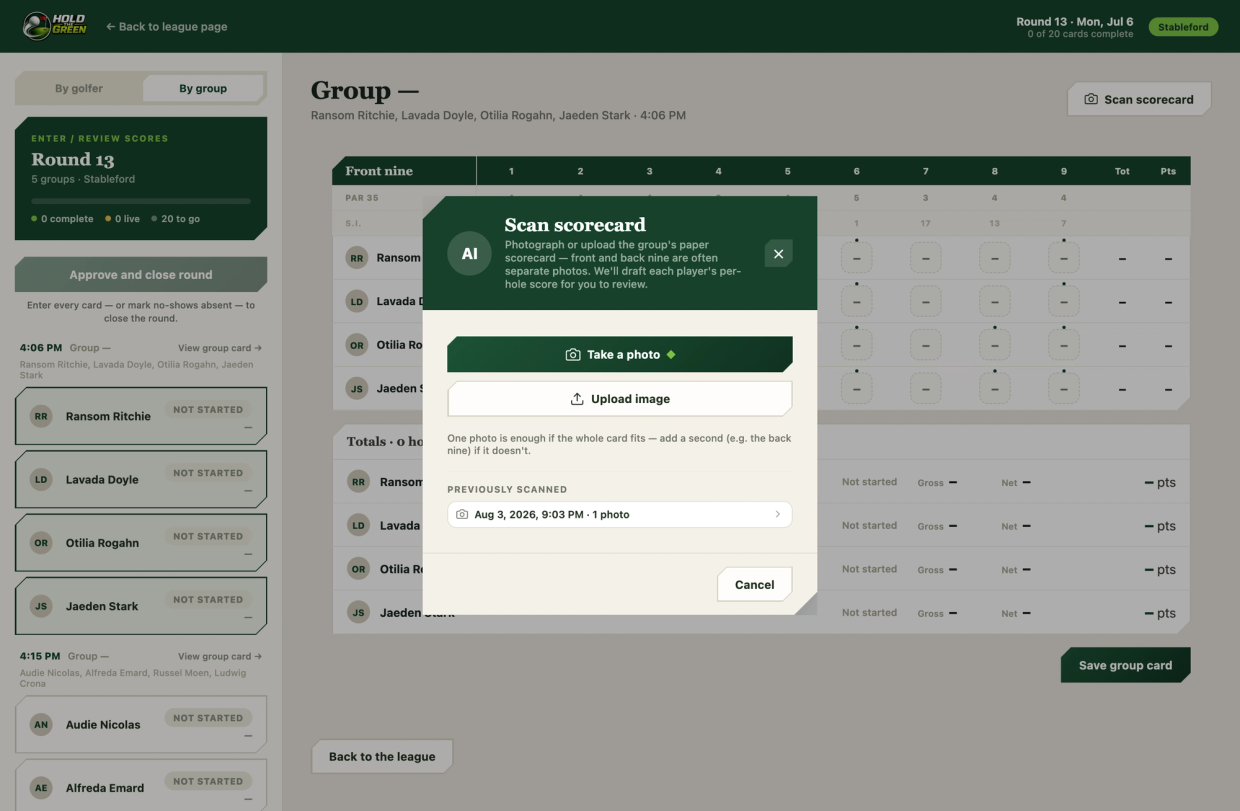 The Enter Scores screen with the Scan scorecard dialog open, offering to take a photo or upload an image of the group’s paper scorecard