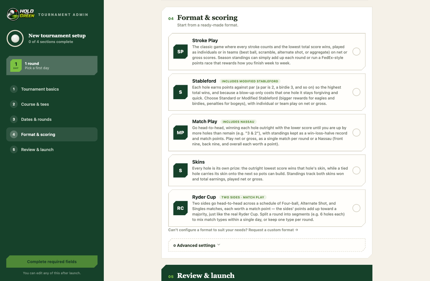 Tournament builder format and scoring step showing Stroke Play, Stableford, Match Play, Skins, and Ryder Cup options