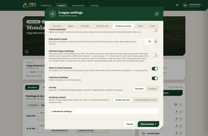 League format and scoring settings showing the Maintain league handicaps toggle