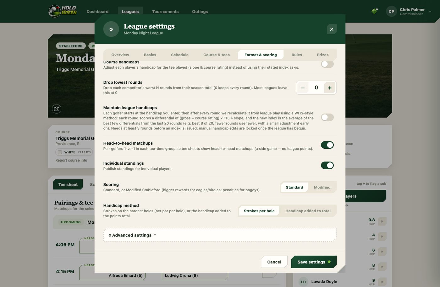 League format and scoring settings showing course handicaps, maintain league handicaps, head-to-head matchups, and scoring options