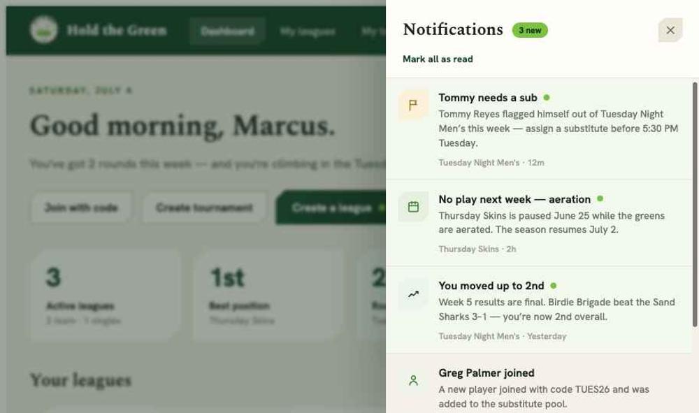 A screenshot of the Hold the Green notifications inbox