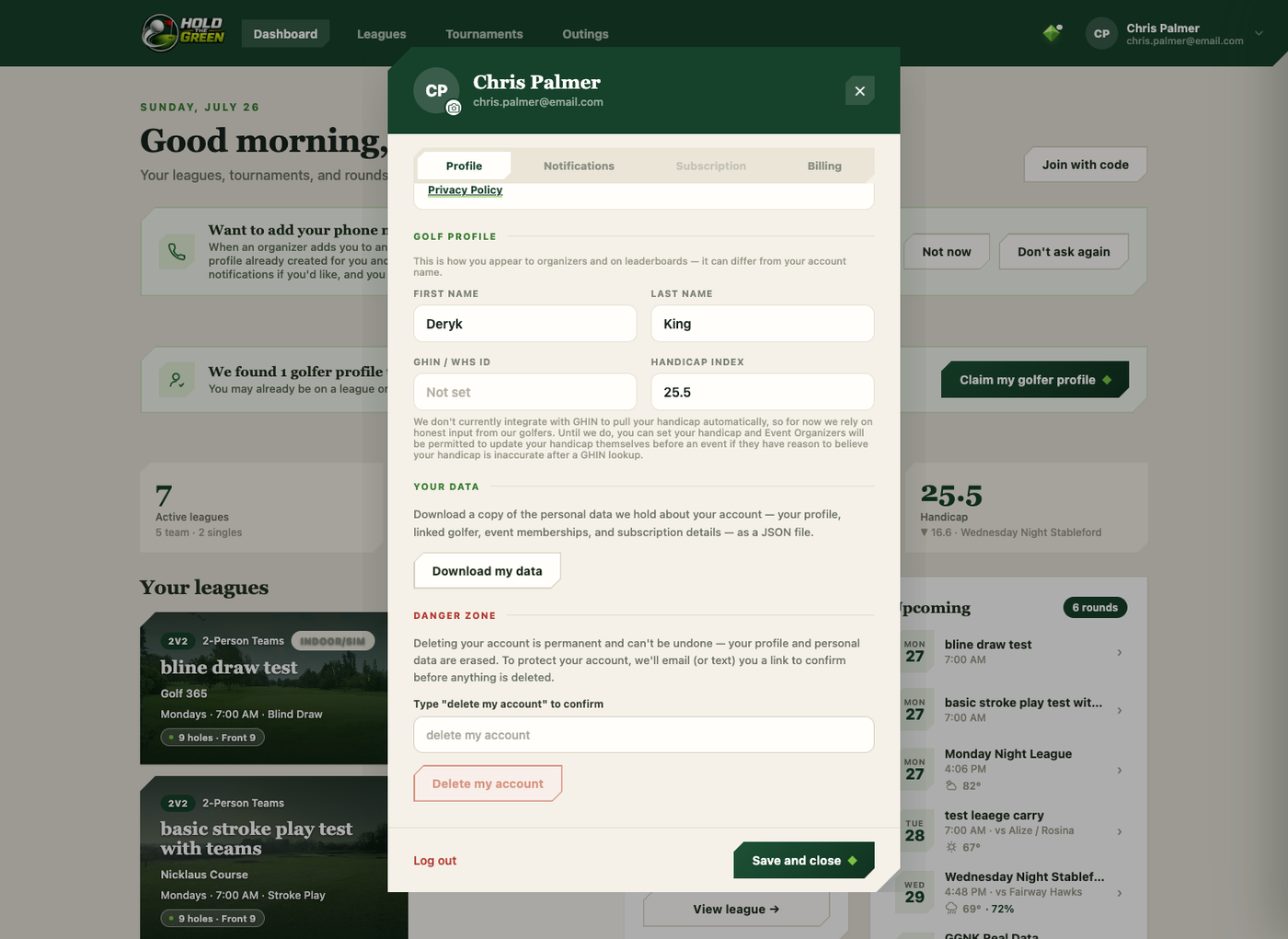 Account dialog Danger zone section with the delete account confirmation field