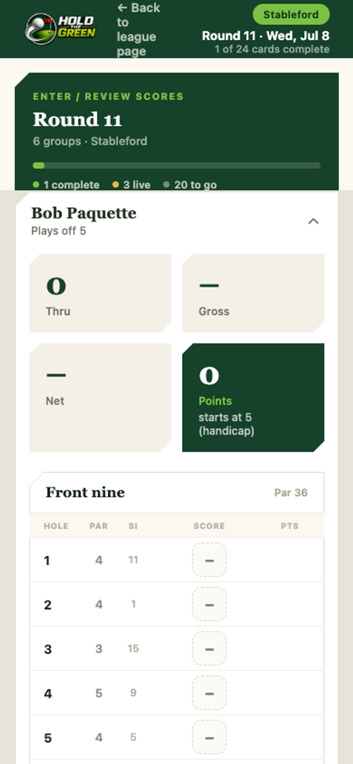 Mobile hole-by-hole score entry screen showing par, stroke index, score, and points columns
