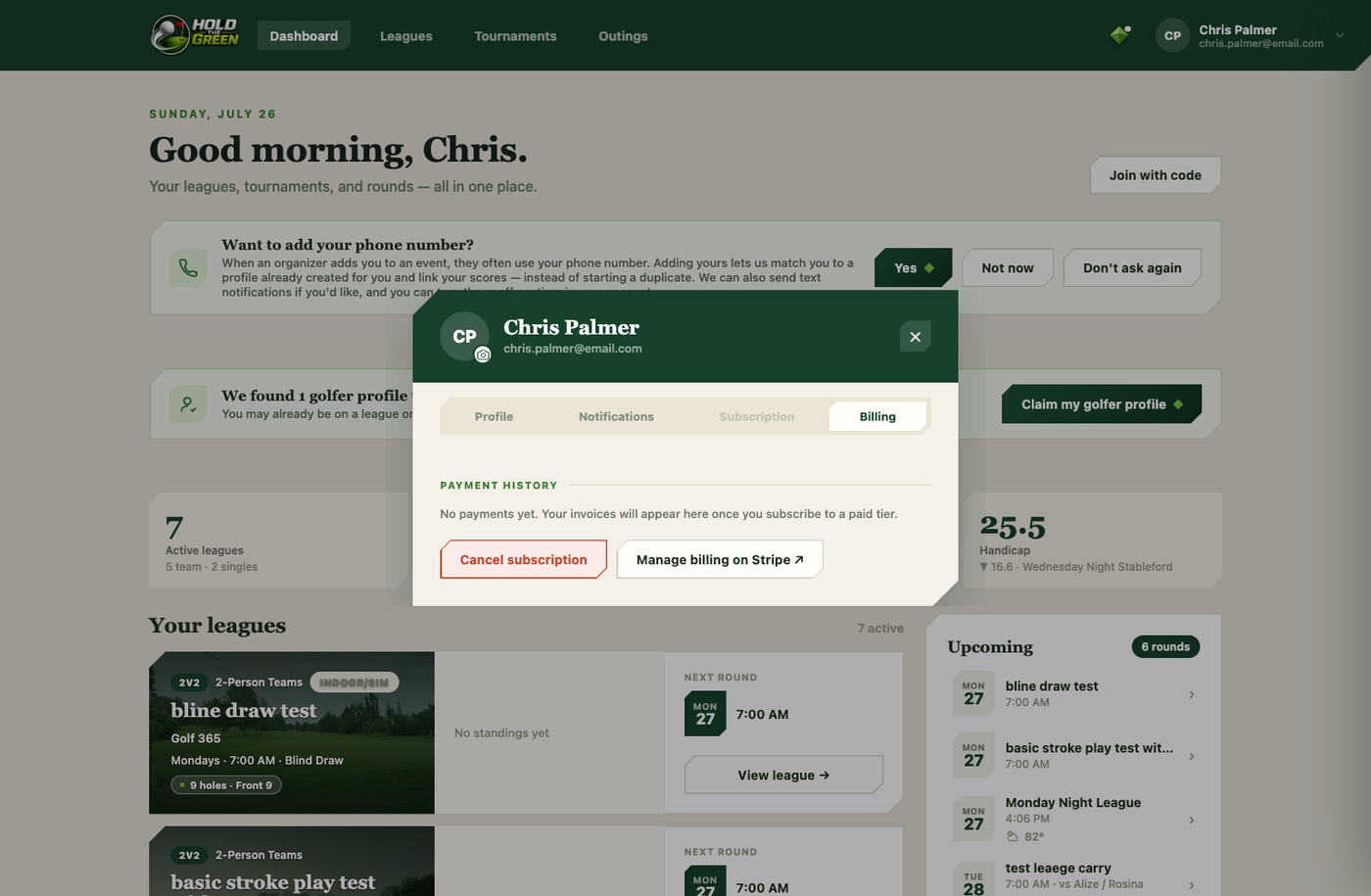 Account dialog Billing tab showing payment history and billing management options