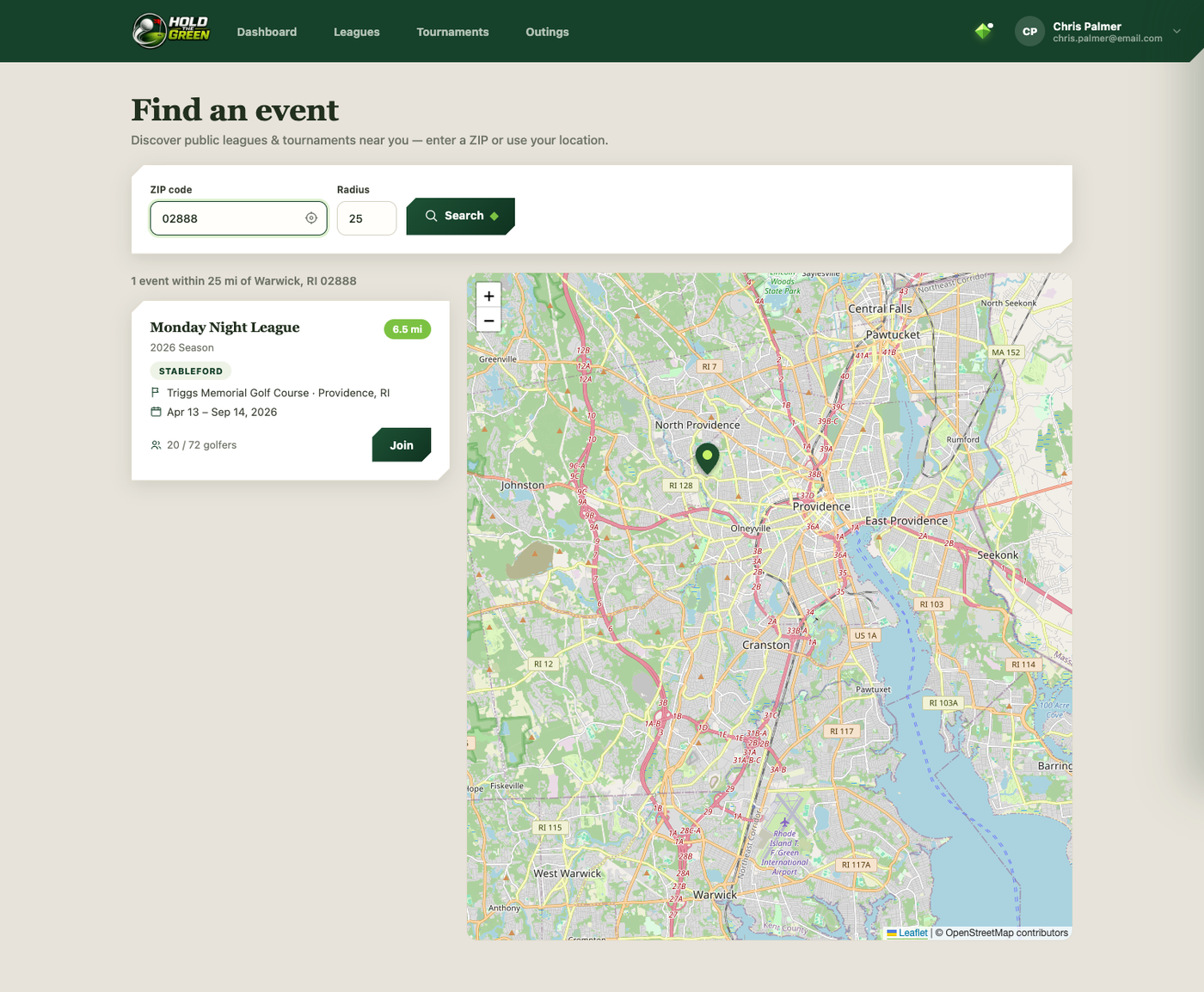 Find an event page showing a ZIP code search, results list, and live map