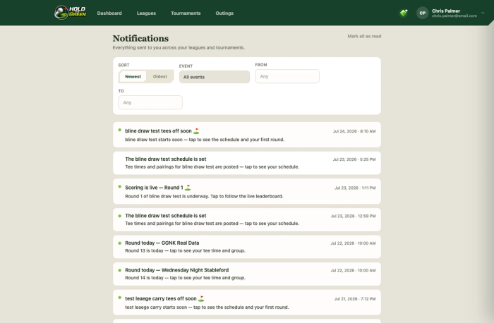 Notification center inbox listing tee time, results, and roster change alerts