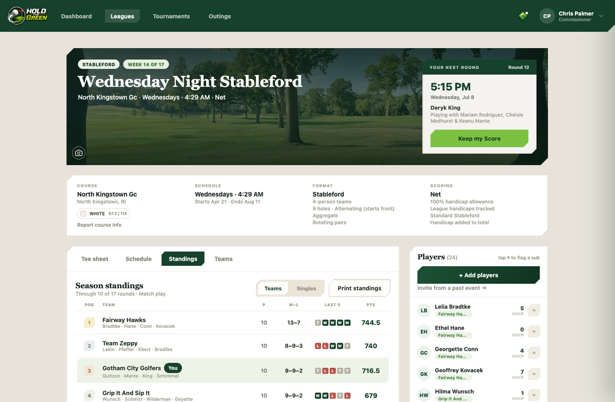 Hold the Green live season standings — team and singles leaderboards