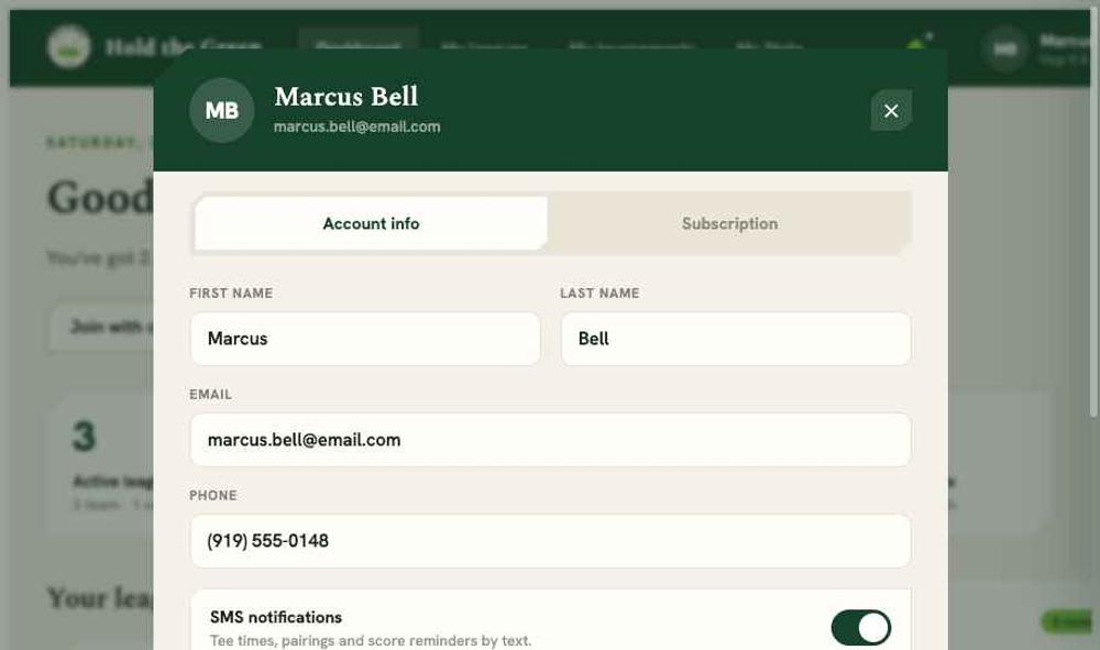 A screenshot of the Hold the Green account settings page