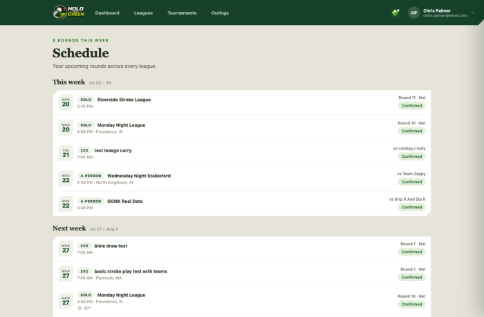 Golfer's schedule showing upcoming rounds across every league