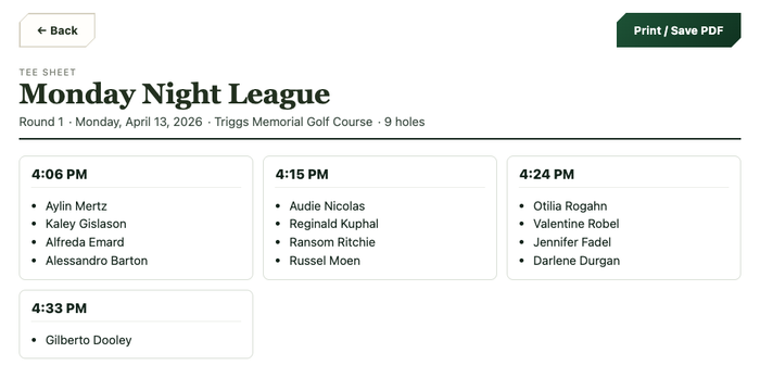 Printable tee sheet for Monday Night League showing groups and tee times