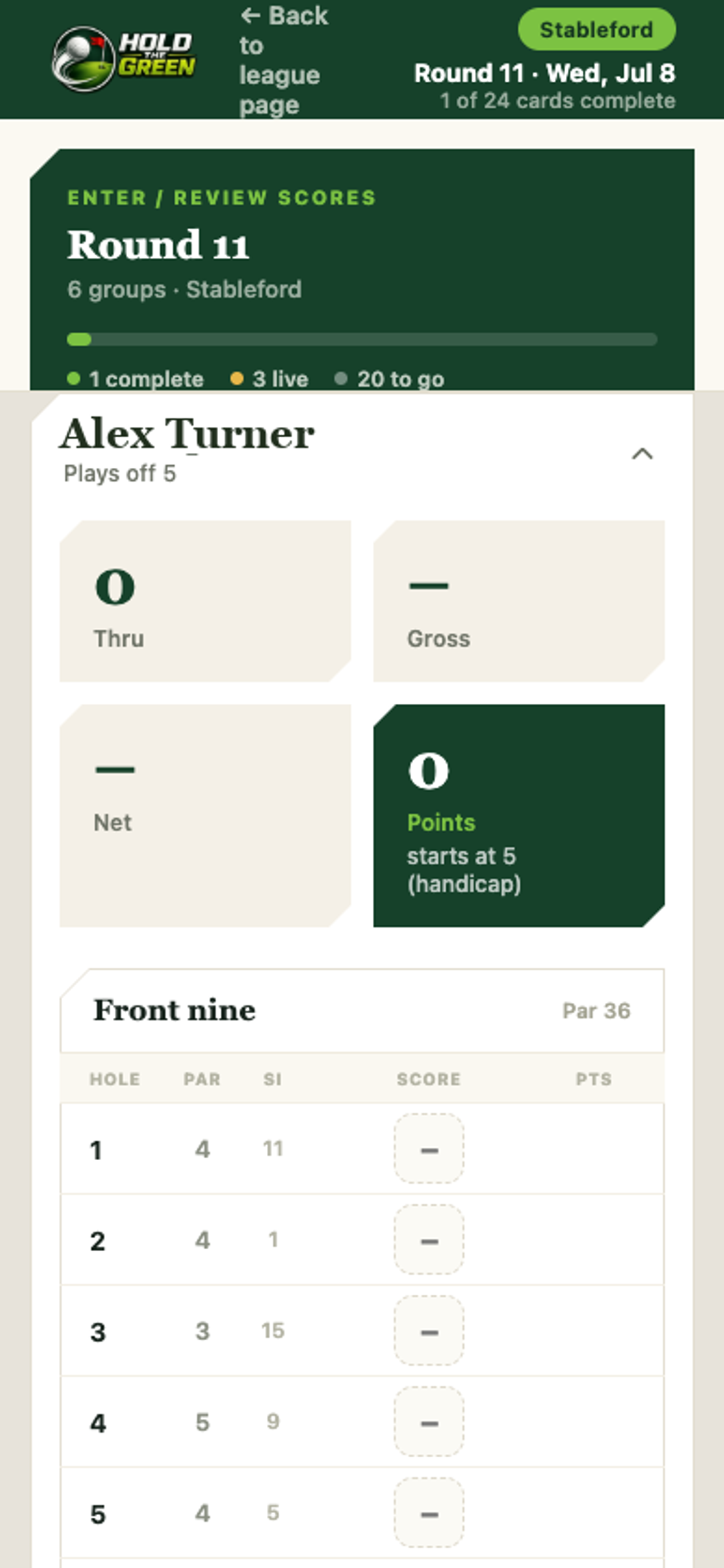 Mobile hole-by-hole score entry screen showing par, stroke index, score, and points columns