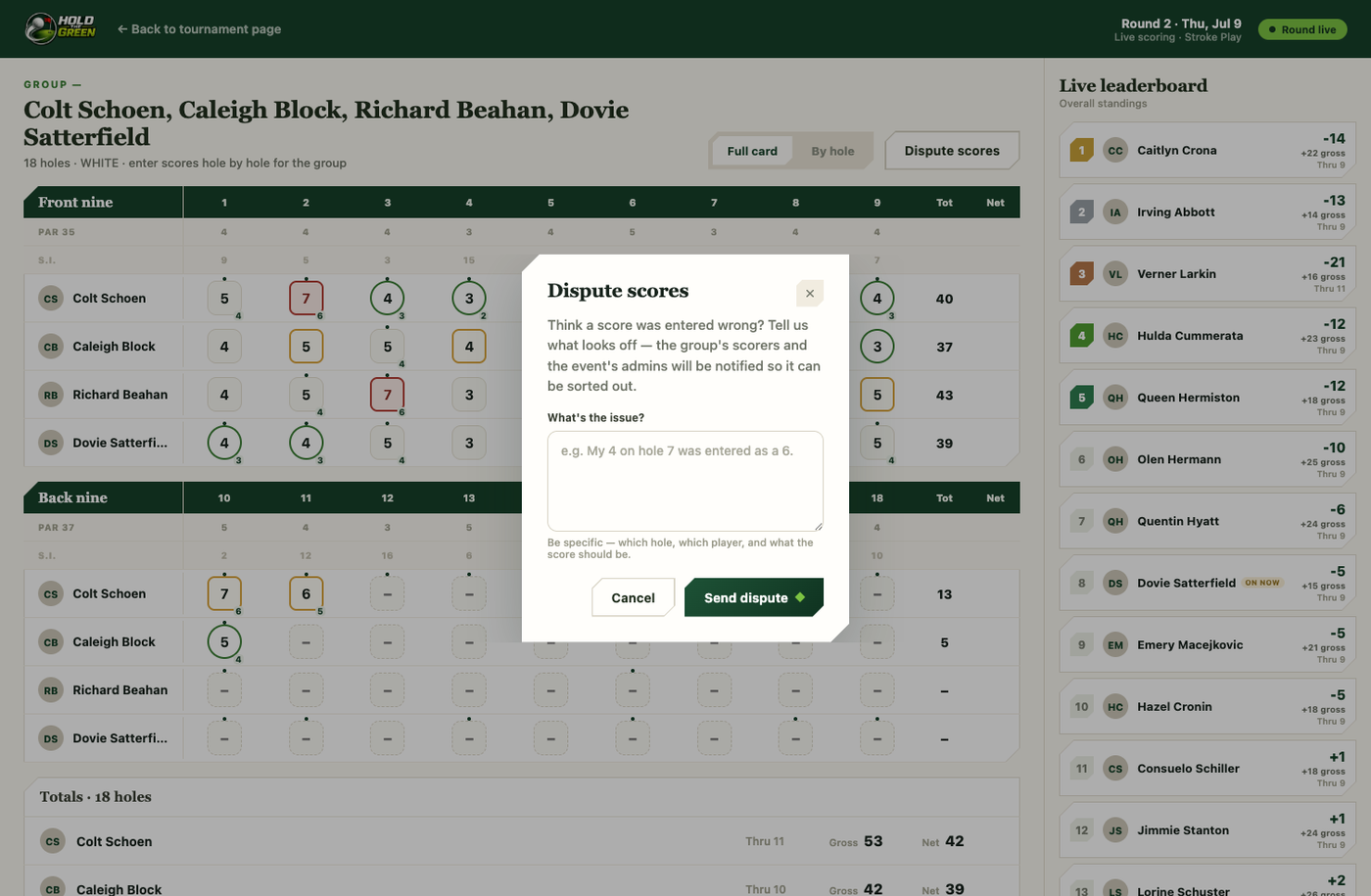 Scorecard with disputed scores flagged and the Dispute scores dialog open