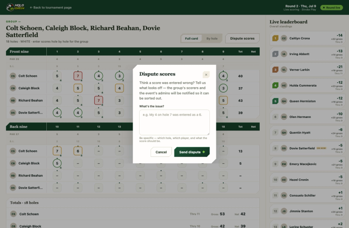 Scorecard with two disputed scores flagged and the Dispute scores dialog open