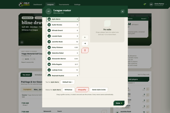 Withdraw or disqualify status controls for a selected player in the roster manager
