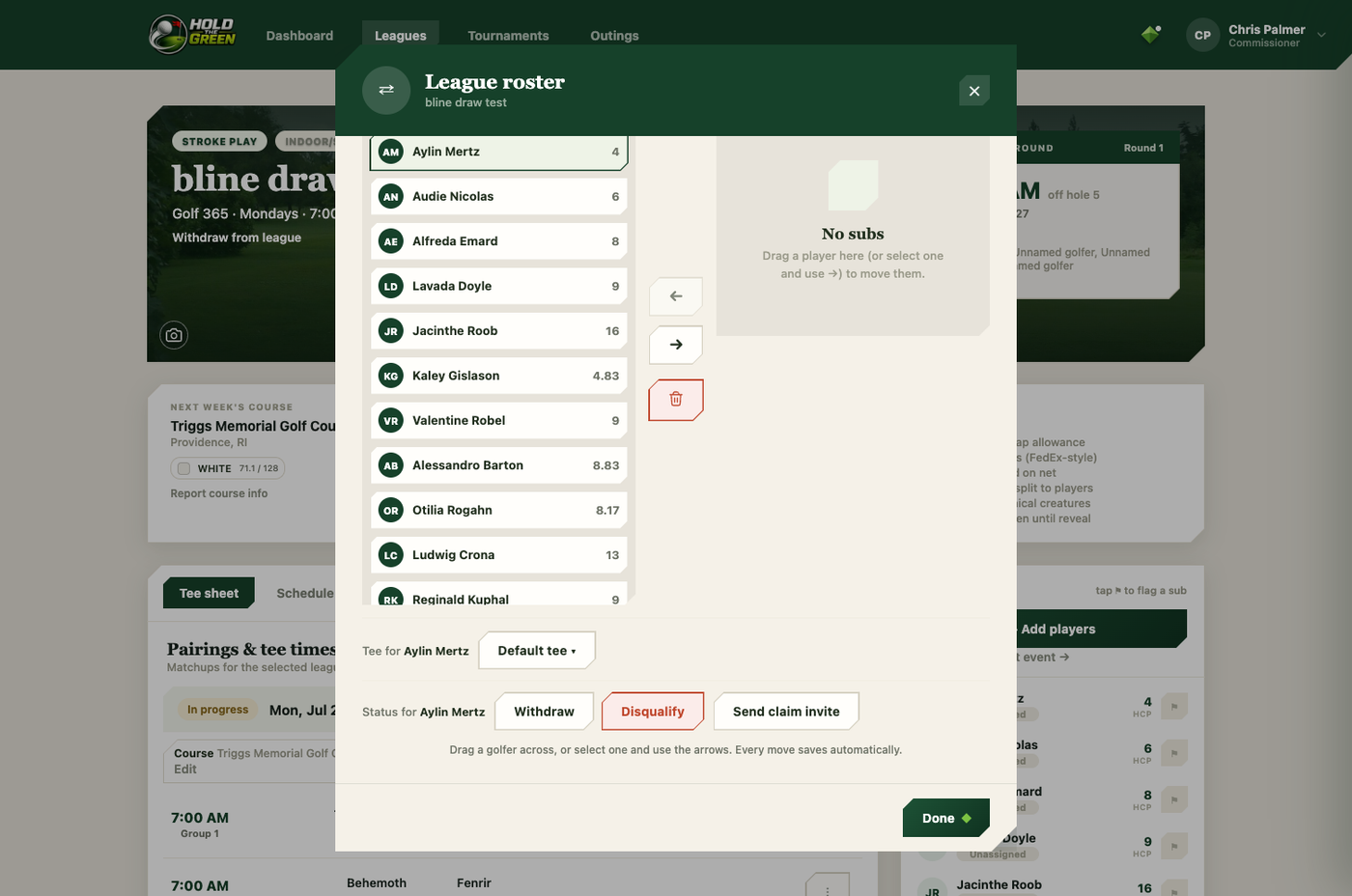 Withdraw or disqualify status controls for a selected player in the roster manager