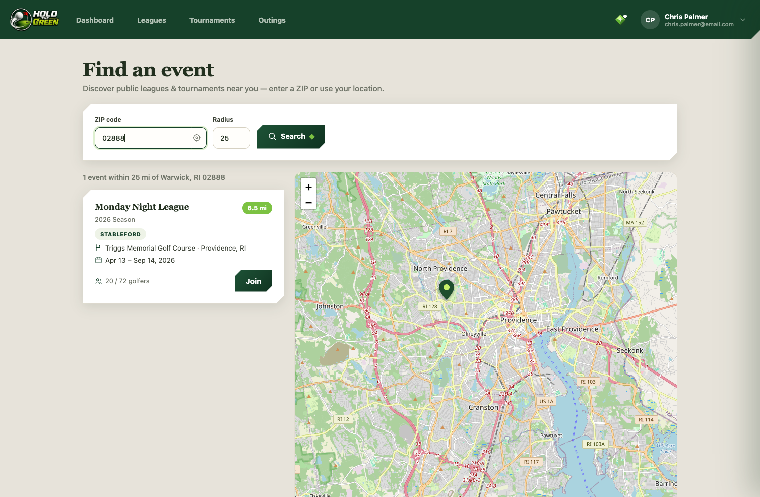 Find an event — searching public golf leagues near a ZIP code on a map