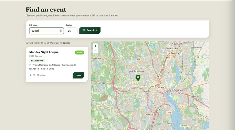 Find an event — searching public golf leagues near a ZIP code on a map