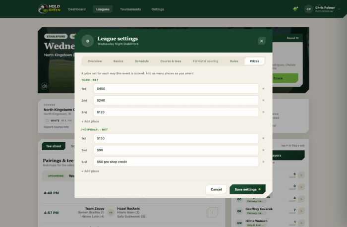 Prize sheet setup screen with team and individual net payout places