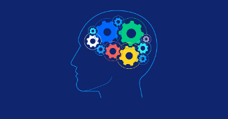 Illustration of a head in profile filled with coloured cogs