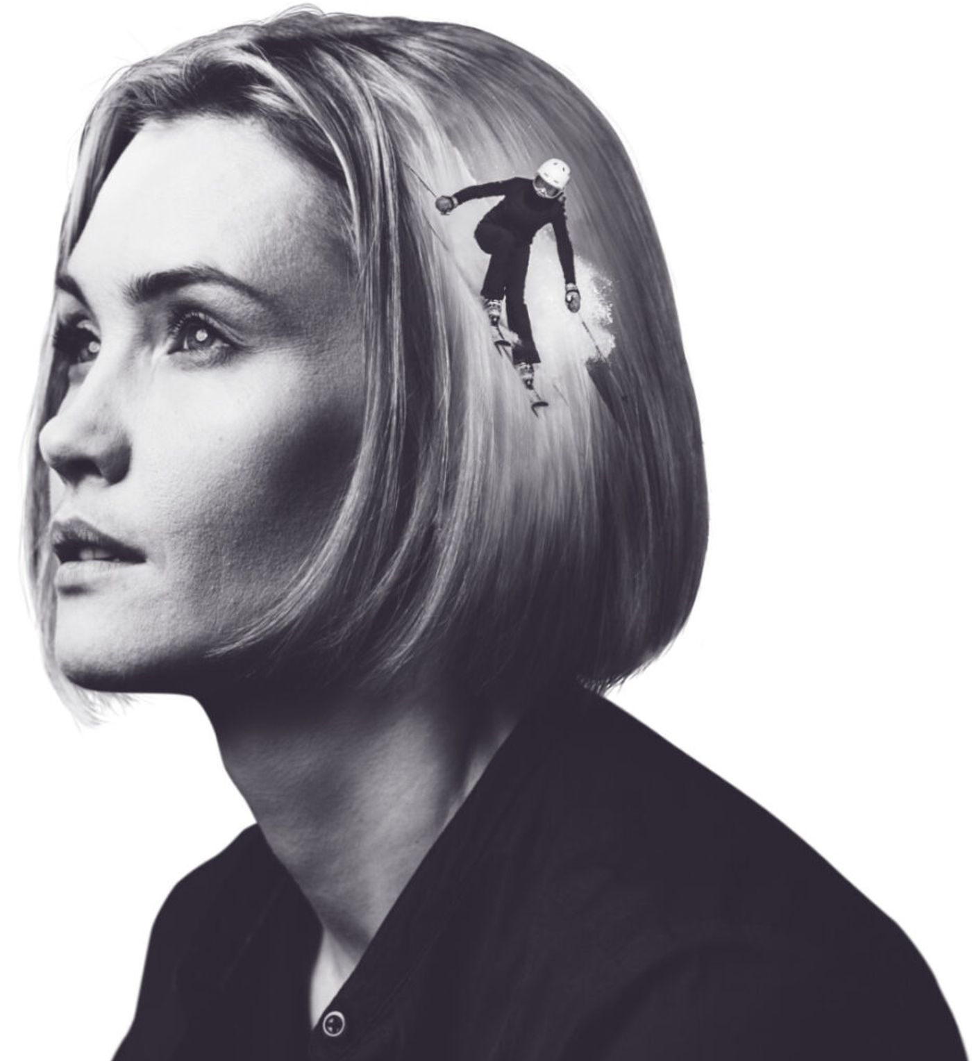 Double-exposure portrait of a woman in profile, with a figure running inside her silhouette