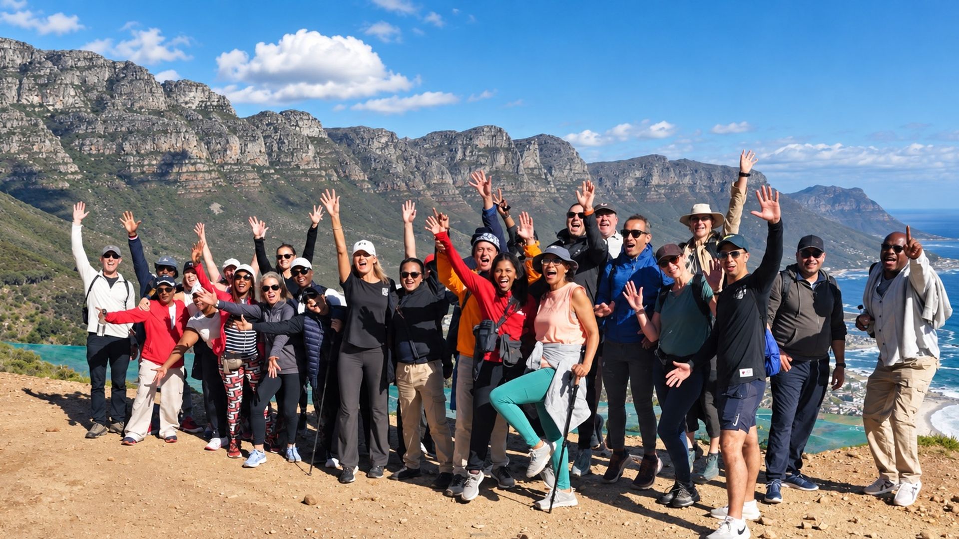 A group of programme participants celebrating on a mountain path above the coast