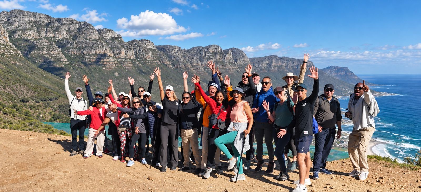 A group celebrating on a mountain path above the coast