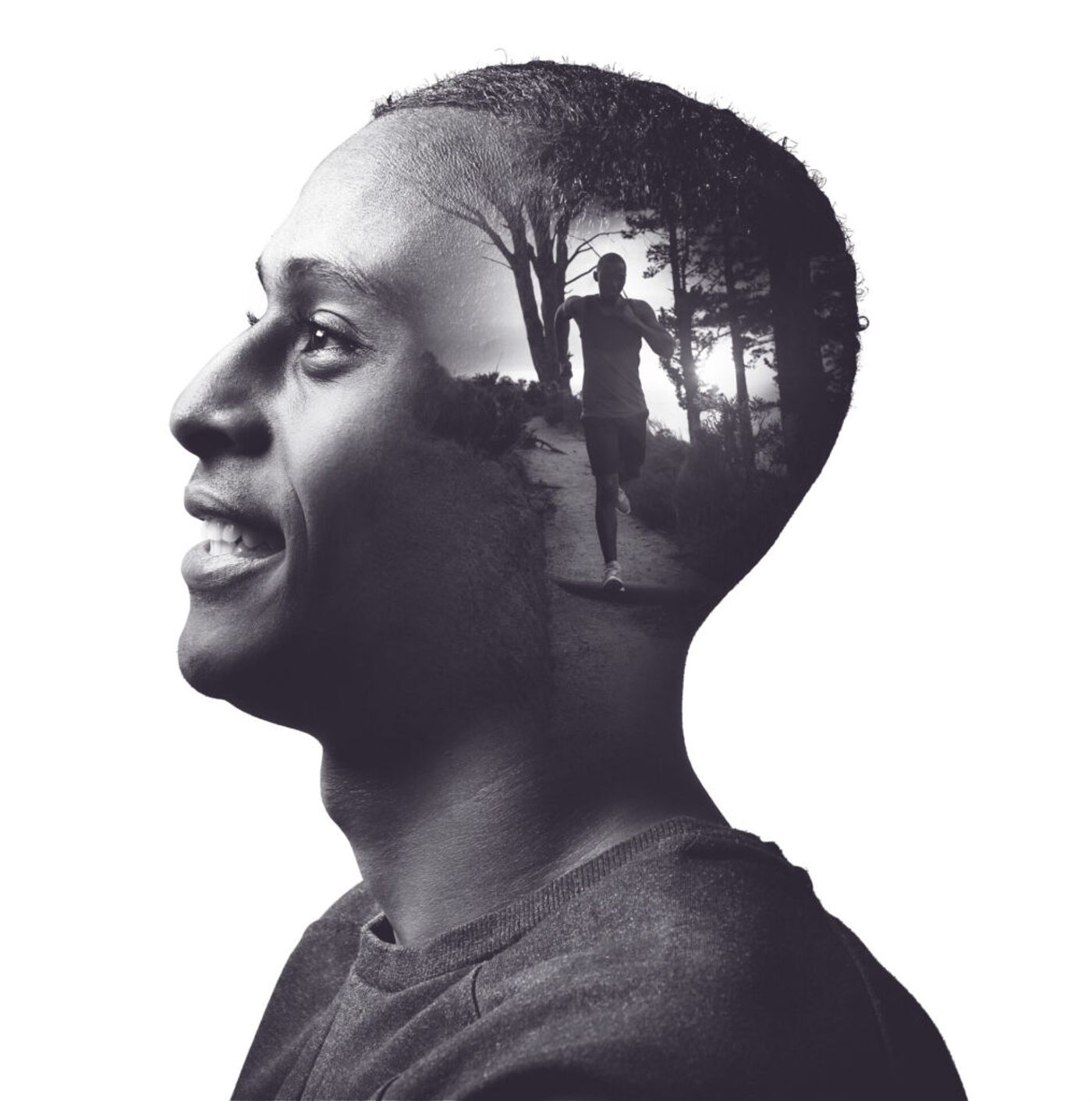 Double-exposure portrait of a man in profile, with a runner on a forest trail inside his silhouette