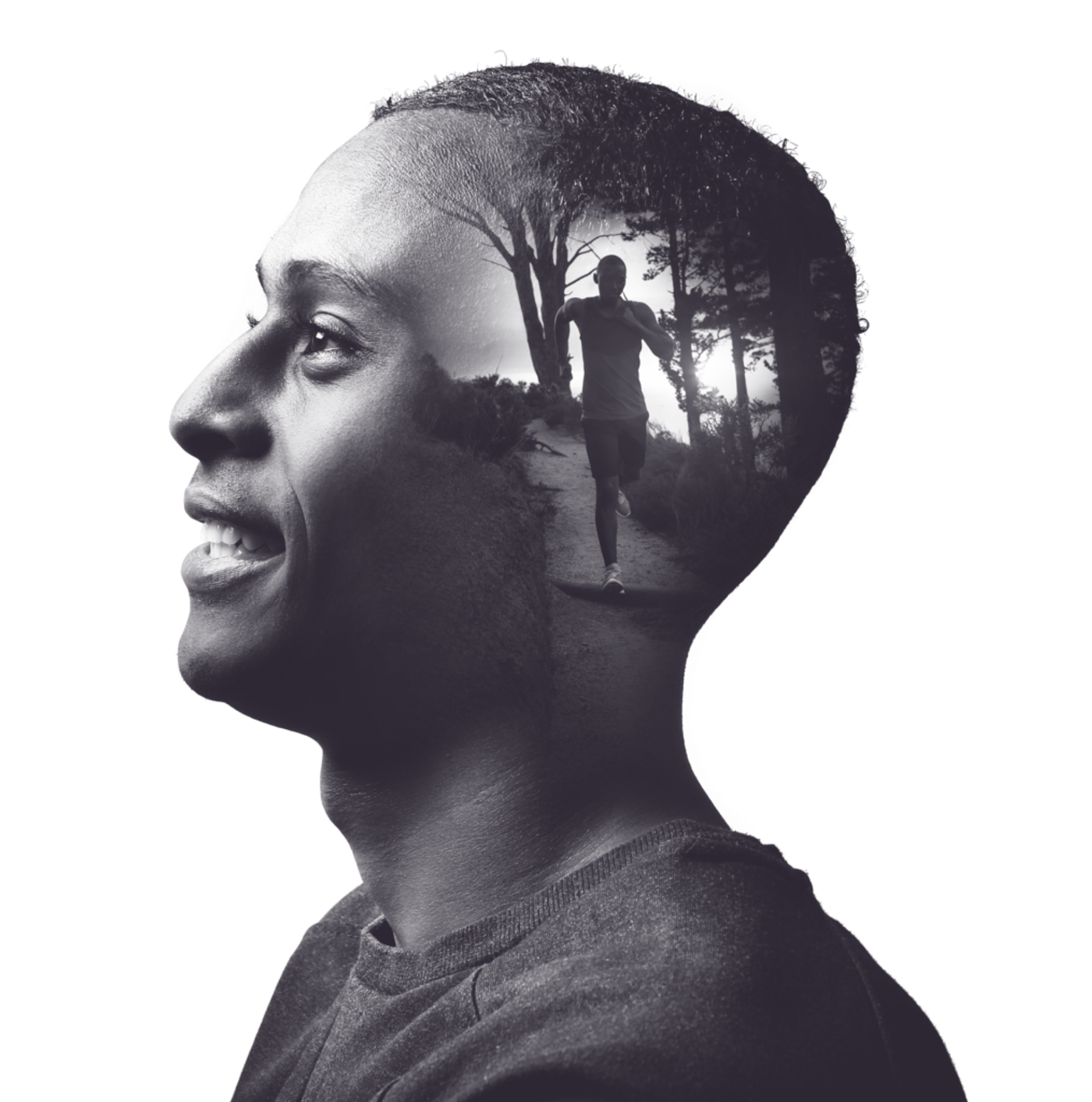 Double-exposure portrait of a man in profile, with a runner on a forest trail inside his silhouette