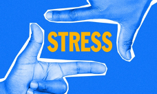 The word “Stress” framed between two hands against a blue background