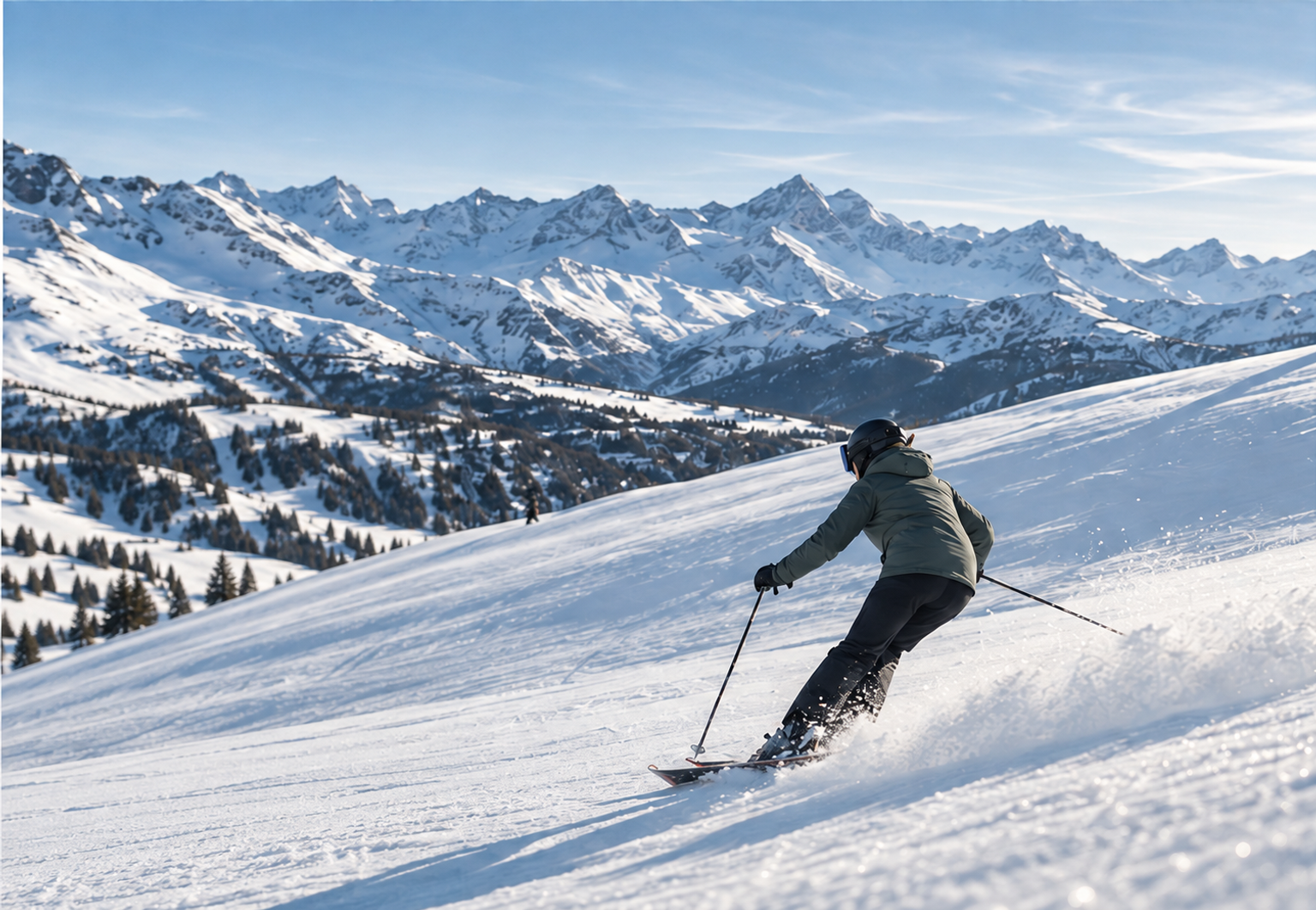 A skier descending a wide Pyrenean snowfield