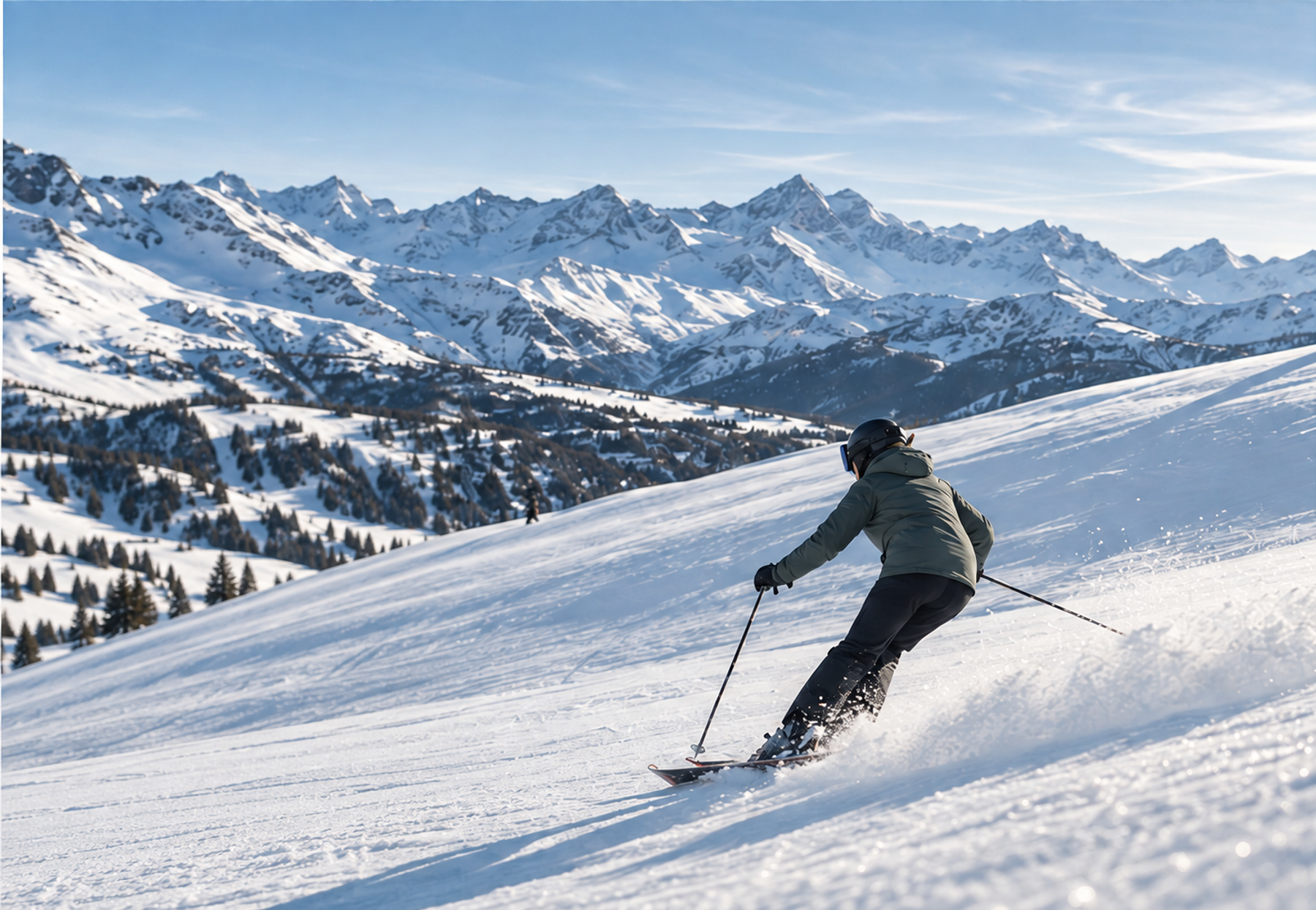 A skier descending a wide Pyrenean snowfield