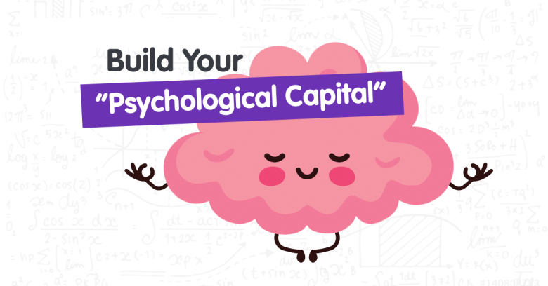 Illustration of a smiling cartoon brain under the words “Build your psychological capital”