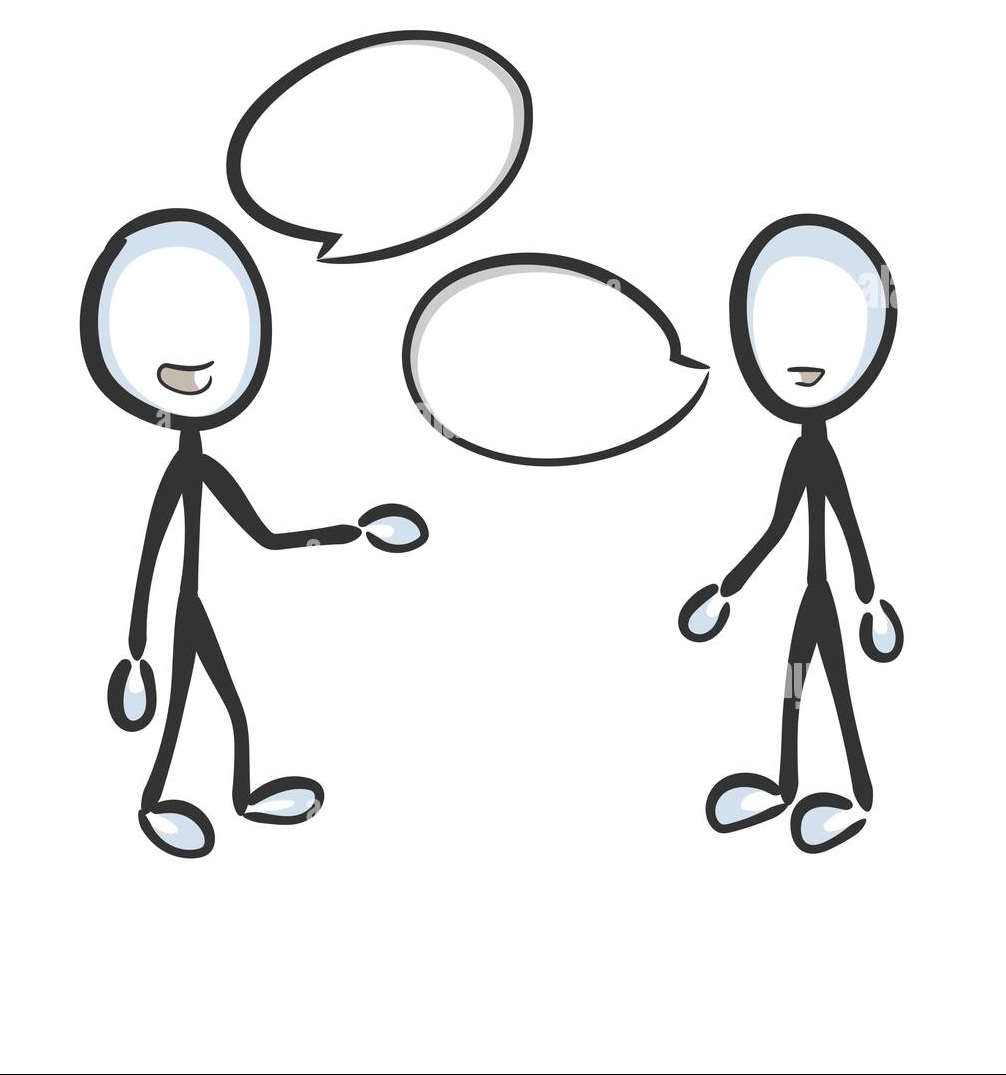 Line drawing of two stick figures talking, with speech bubbles above them