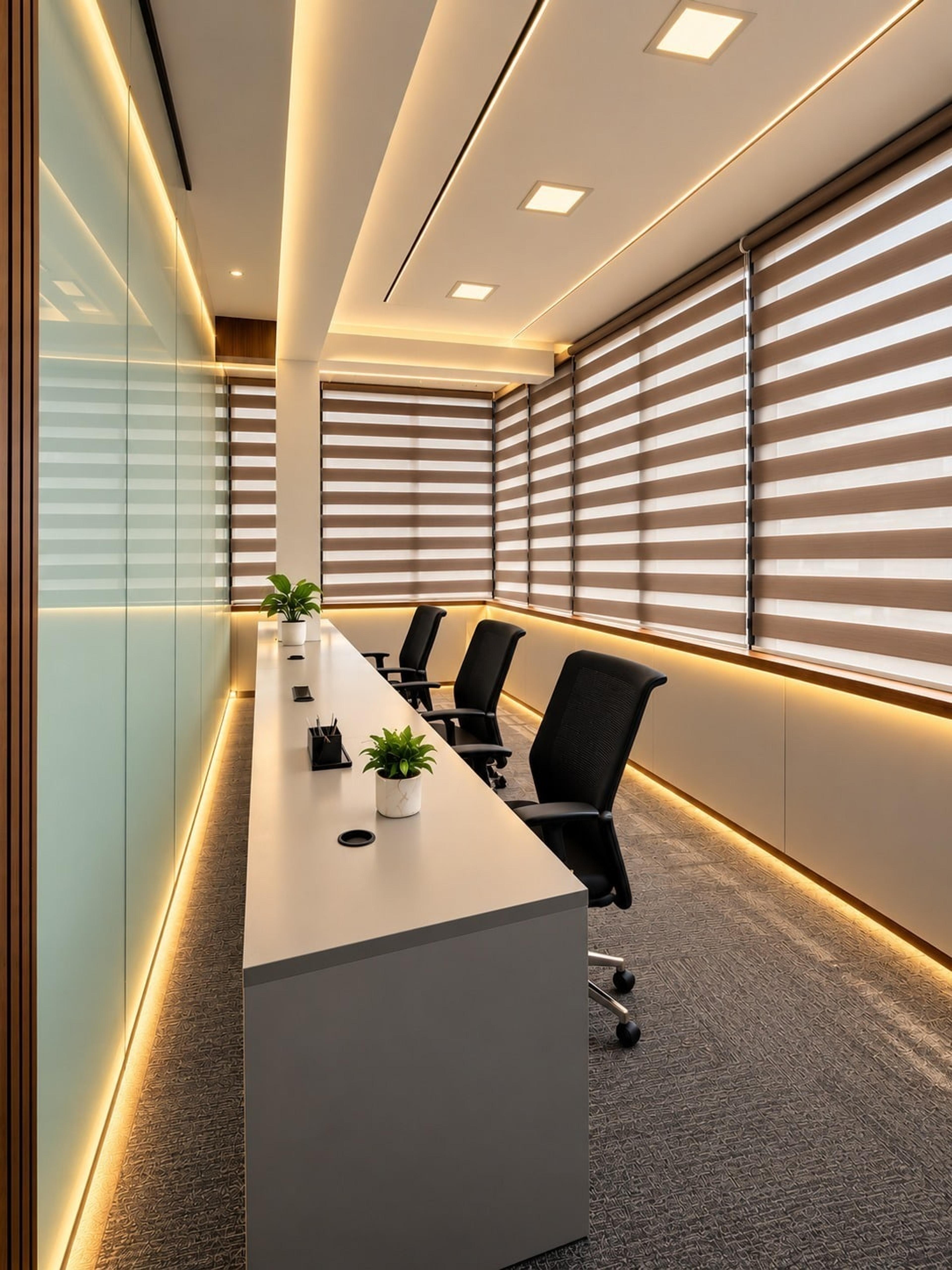 Row of workstations along a long white desk with black chairs, zebra blinds and warm strip lighting