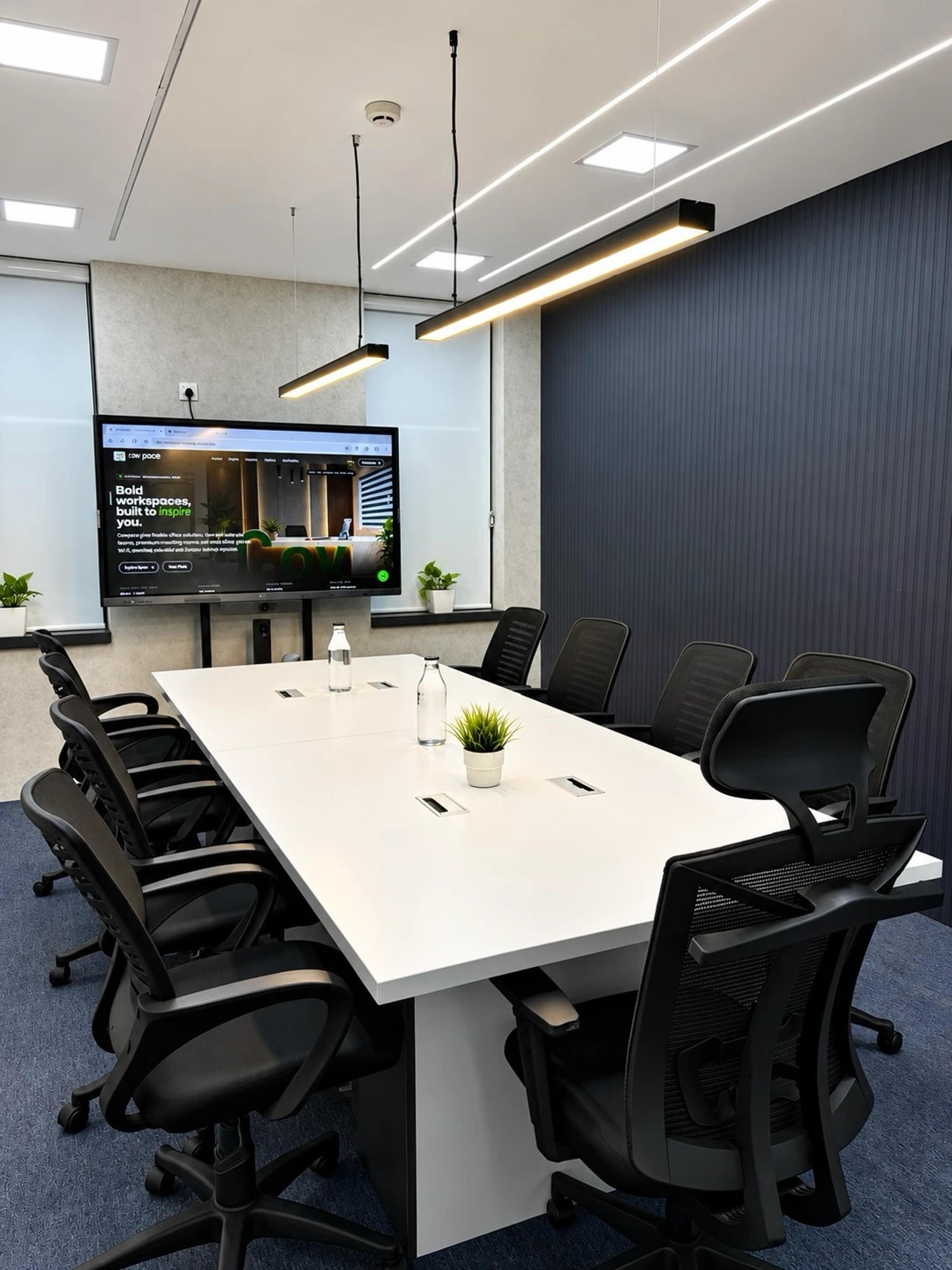 Meeting room with a long white table, ten mesh chairs, pendant lights and a large display screen