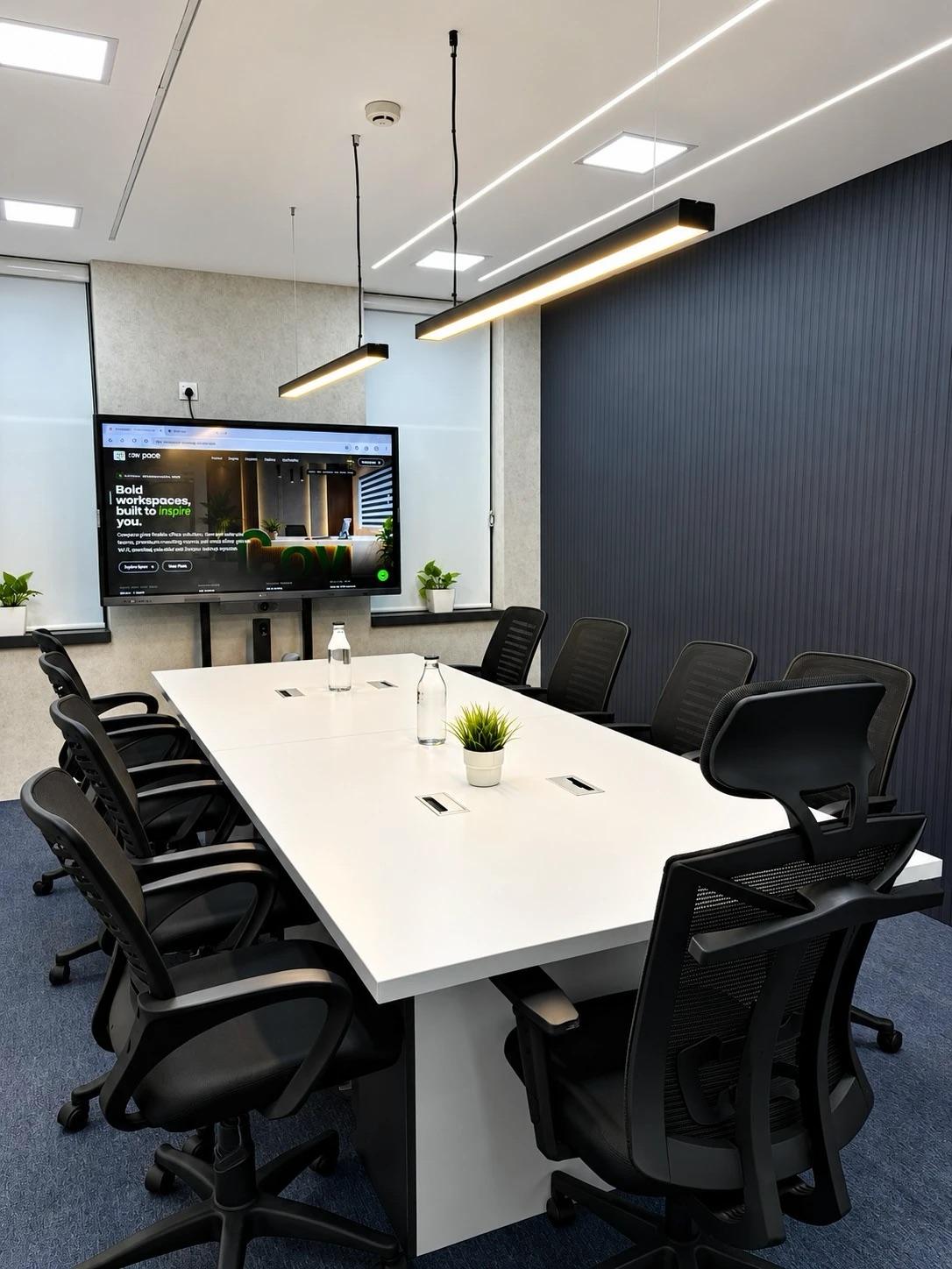 Meeting room with a long white table, ten mesh chairs, pendant lights and a large display screen